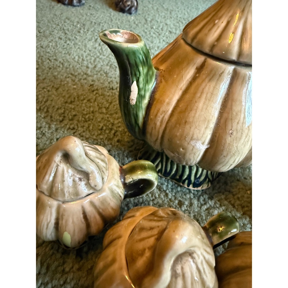Vintage Pumpkin Gourd Ceramic Tea Set Teapot 4 Lidded Cups Tan Green Autumn - Picture 3 of 5